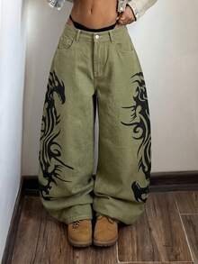 StreetHx Plus Size Fashion 2000s 90s Vintage Retro Print Curved Leg Wide Leg Jeans Date Night Green Summer - Olive Green - View 8