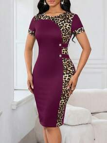 SHEIN Lady 女士豹纹拼接短袖修身优雅连衣裙 - 中紫紅色 - 查看 3