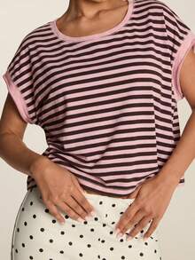 SHEIN BAE Women's Summer Casual Striped Patchwork Backless Batwing Sleeve Sports T-Shirt - Multicolor - View 2