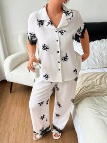 Napfluff CURVE Napfluff CURVE Plus Size Women's Eyelash Lace Trim Print Open Front Pajama 2-Piece Set - White - View 4