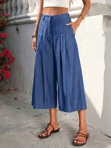 SHEIN Holidaya Pantalon 7/8 en lin décontracté pour femmes, vacances, plage, maison, lin - Bleu azur - Voir 3
