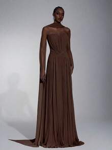 Elitara Elegant Chiffon Pleated Strapless Dress With Ruched Skirt And Train, Suitable For Date, Vacation, Evening Party - Coffee Brown - View 7