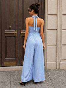 Cévolie Women's Striped Halter Neck Tie Jumpsuit - Blue and White - View 2
