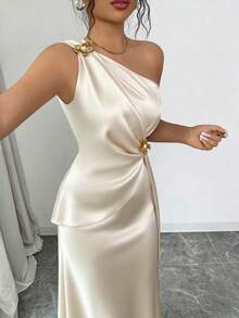 Elenzga Women's Spring/Summer New Elegant Satin Asymmetric Shoulder Metallic Floral Decor Waist Cinched Bodycon Dress Dinner Formal Date Champagne Wedding - Apricot - View 6