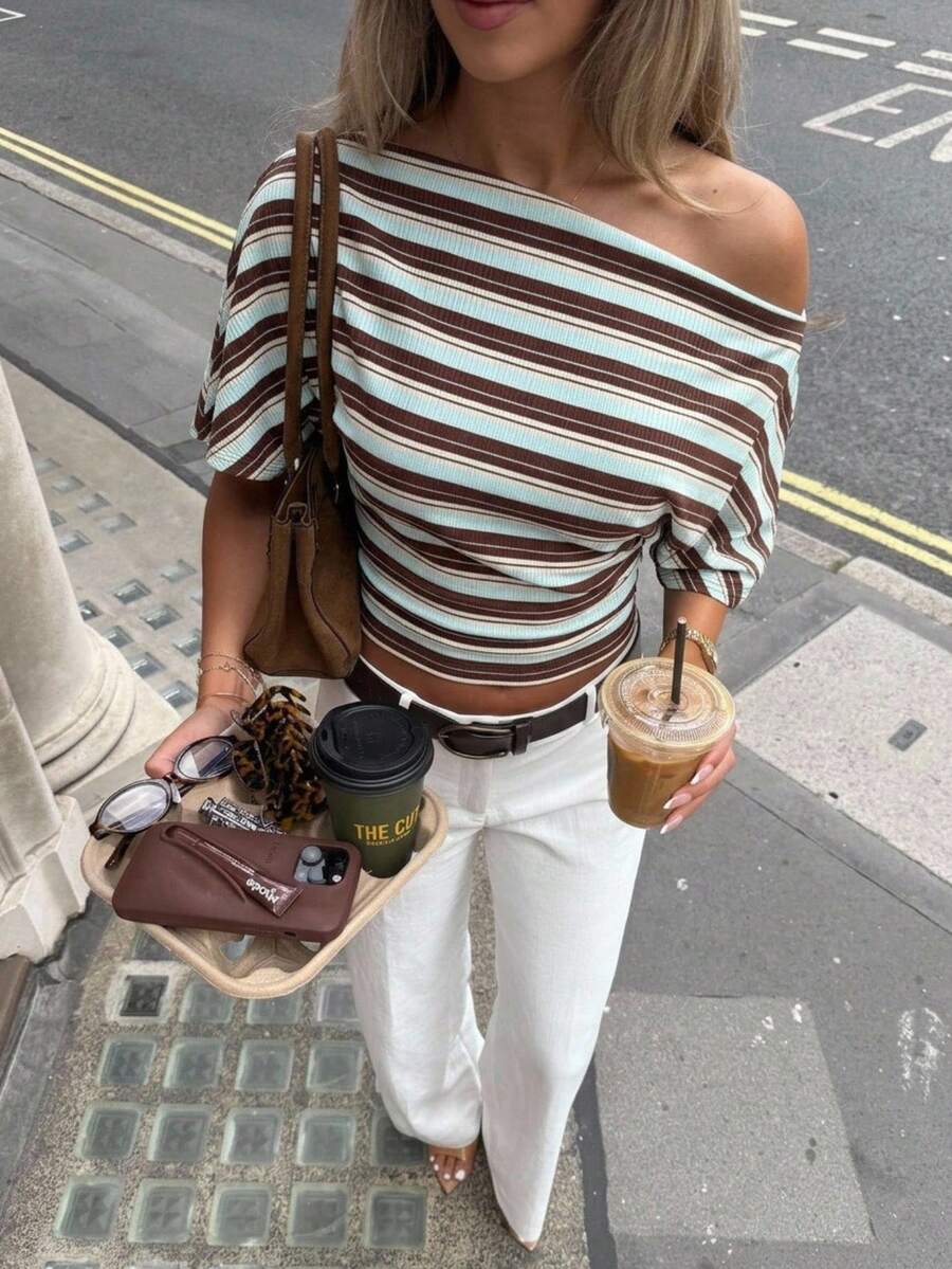 Aloruh Women's Striped Asymmetric Neck Loose Fit Ruched Waist Cinched Simple Basic T-Shirt - Multicolor - View 1