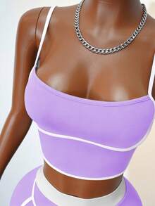 Mistrie Women's Colorblock Ultra Short Top And Shorts Minimalist Slim Fit Sports Set - Mauve Purple - View 3