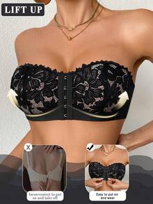 DesireSculpt Women's Black Lace Front Closure Push-Up Bra, 1pc - Black - View 4