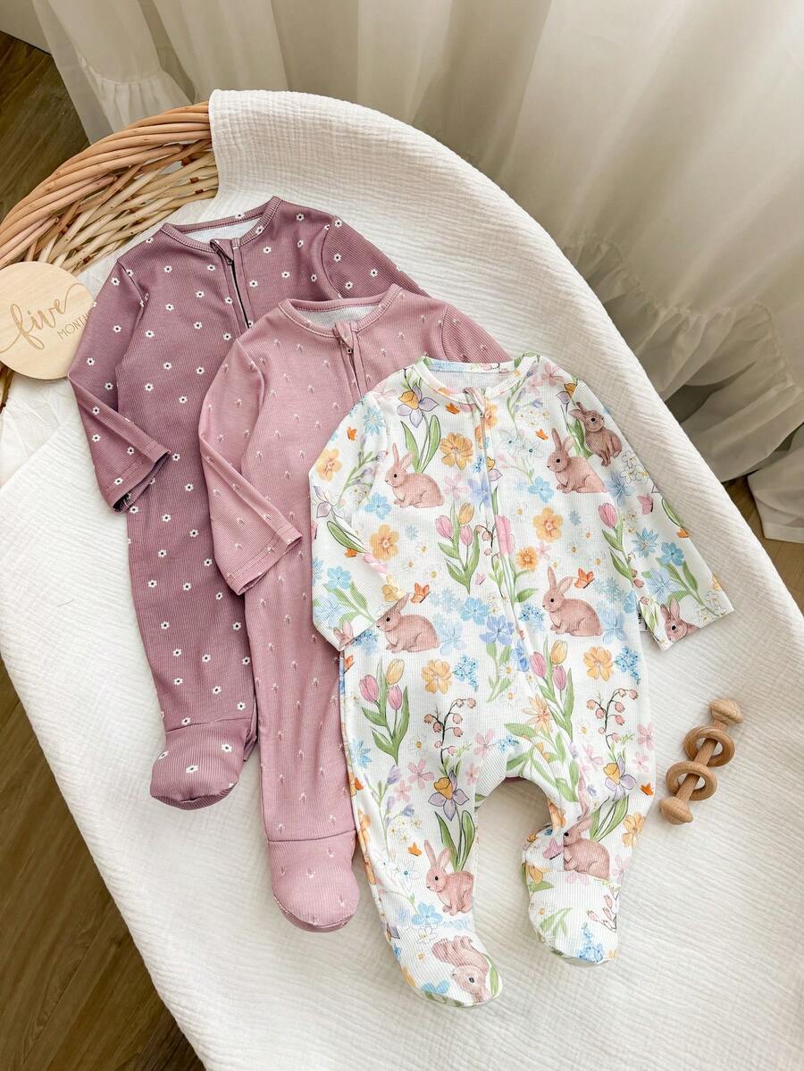 SHEIN 新生兒針織卡通印花爬行家居服 3件套 - 米色 - 查看 1