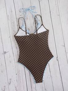 Swim Mod Women's Summer New Beach Swim Fashion Vacation Sweet Cute Colorblock Polka Dot Print 2 In 1 Design One-Piece Triangle Bikini Swimsuit Yellow Polka Dot Swimsuit Sexy Halter Backless Suitable For Beach Swimming Vacation Summer - Multicolor - View 2