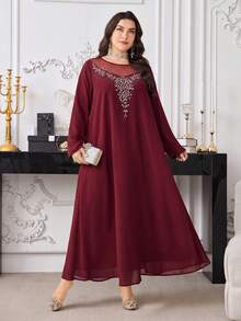 Al Najma Plus Size Women's Round Neck Long Sleeve Arabian Dress - Red Violet - View 10