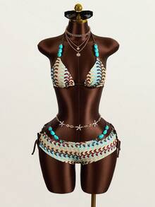 Zestiva 3pcs Women's Bohemian Crochet Swimwear Set, Beach Pool Casual Party Vacation, Spring Summer - Multicolor - View 6
