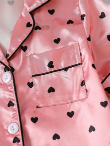 SHEIN 女童花卉愛心緞面開襟翻領睡衣套裝 4件式居家休閒服 - 彩色 - 查看 4