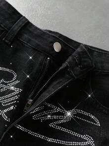 ROMWE MEN Men's Rhinestone Letter Pocket Casual Denim Shorts - Black - View 8