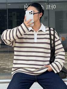 Dazy Plus 寬鬆街頭風拼色條紋 Polo 領長袖大尺碼女款 T 恤，秋季校園風 - 白色 - 查看 5