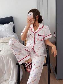 Napfluff Fashionable Women's Long Sleeve Long Pants Pajama Set With Printed Pattern - Beige - View 5