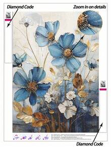 Kit di pittura a diamanti 5D fai-da-te - Lussuoso floreale blu con foglie dorate, dettagli delicati dei petali, tela con sfumature blu e lucentezza metallica, arte da parete, decorazione per la casa, mosaico artigianale, miglior regalo per gli amici - multicolore - Visualizzare 4