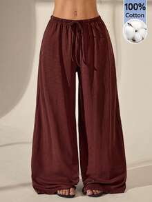 SHEIN PETITE 春夏女款浪漫/舞會/正式/生日/90年代風格/商務休閒/優雅/西式穿著/外出/時尚/休閒/Y2K風格/夜店/辦公室/雞尾酒會/復古/緊身/電音派對/節慶/趣味/高雅/老錢風/街頭風/度假穿著/鄉村音樂會穿著/工作服/保守/春假/單身派對穿著/音樂會/酷女孩/基礎款/畢業/低腰/寬鬆/直筒/寬腿/100%純棉褲子，小個女款 - 咖啡棕 - 查看 7