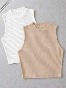 Paquete de camisetas de tirantes de algodón con tejido de canalé para mujer, cuello redondo, ajuste ceñido, estilo básico casual. - Blanco - Ver 4