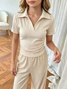 Tween Girl Short Sleeve Pleated Collar T-Shirt Solid Color Long Pants Set - Multicolor - View 5
