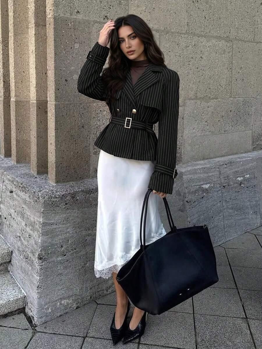 Firerie Black Striped Coat Office Wear Teacher Casual Going Out Autumn - Black - View 1
