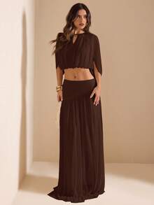 SHEIN BAE 女款優雅純色短版上衣與超長裙 2 件套裝 - 咖啡棕 - 查看 4