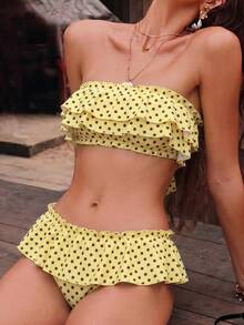 Swim Mod 女款兩件式比基尼套裝，波點滿版印花平口上衣搭配低腰荷葉邊裙褲下裝，休閒度假泳裝 - 彩色 - 查看 1