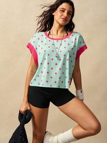 VARSIVA Women's Fashion Polka Dot Print Colorblock Crew Neck Sports T-Shirt - Multicolor - View 6
