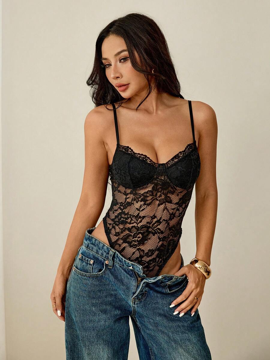 SHEIN PETITE 女款黑色性感蕾絲細肩帶背心 - 黑色 - 查看 1