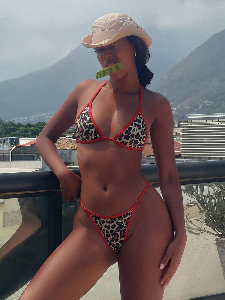 Sirith Women's Vacation Beach Leopard Print Contrast Trim Swimwear Set - Red - View 10