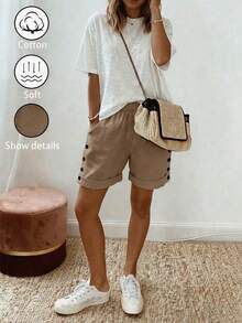 SHEIN Holidaya Women's Spring/Summer Textured Linen Elastic Waist Casual Shorts, Natural Crinkled Fabric, Side Button Rolled Hem, Loose Straight Leg, Holiday Khaki - Khaki - View 5