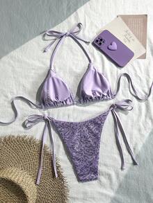 Costavie Swim Mod 兩件式比基尼套裝，春夏海灘度假風，亮片紋理面料，掛脖三角上衣搭配側綁帶泳褲，性感薰衣草紫 - 紫色 - 查看 2