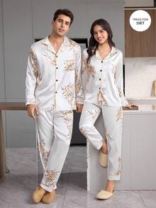 CoupledUp British Style Floral Print Satin Patch Pocket Front Button Long Sleeve Pants Men's Pajama Set Loungewear Set - White - View 7