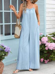Breezaya Women's Loose Wide Leg Casual Denim Jumpsuit For Vacation Beach Light Blue Summer - Blue - View 6