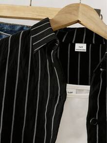SHEIN Teen Girls' Pinstripe Shirt With Polo Print, Lightweight & Breathable For Daily Wear. - Pink - View 3