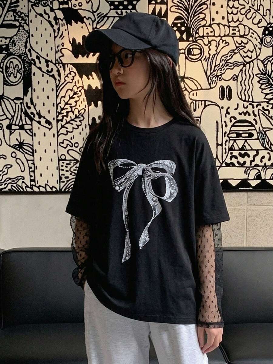 Dazy Kids Tween Girl Bow Pattern Print Lace Patchwork Round Neck T-Shirt - Black - View 1