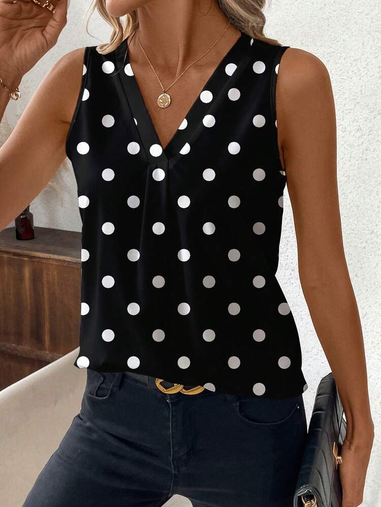SHEIN Clasi Women's Black And White Polka Dot V-Neck Sleeveless Casual Blouse Office Summer - Black - View 4