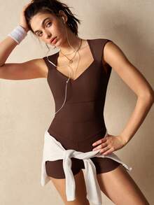 VARSIVA Mono deportivo casual de uso diario para mujer, color liso, sin espalda - Marrón - Ver 6