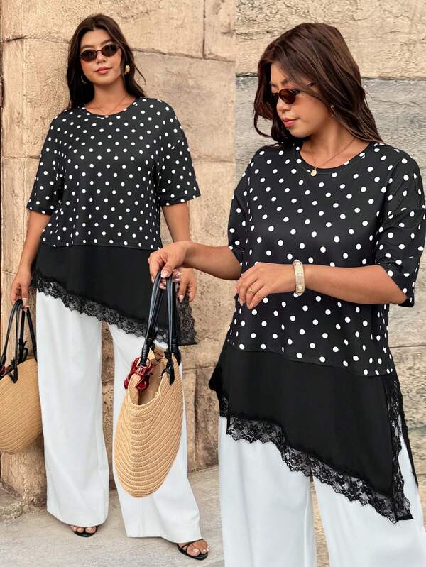 Vionelle Plus Size Round Neck Short Sleeve Polka Dot Contrast Lace Trim Asymmetrical Hem Women's T-Shirt Summer