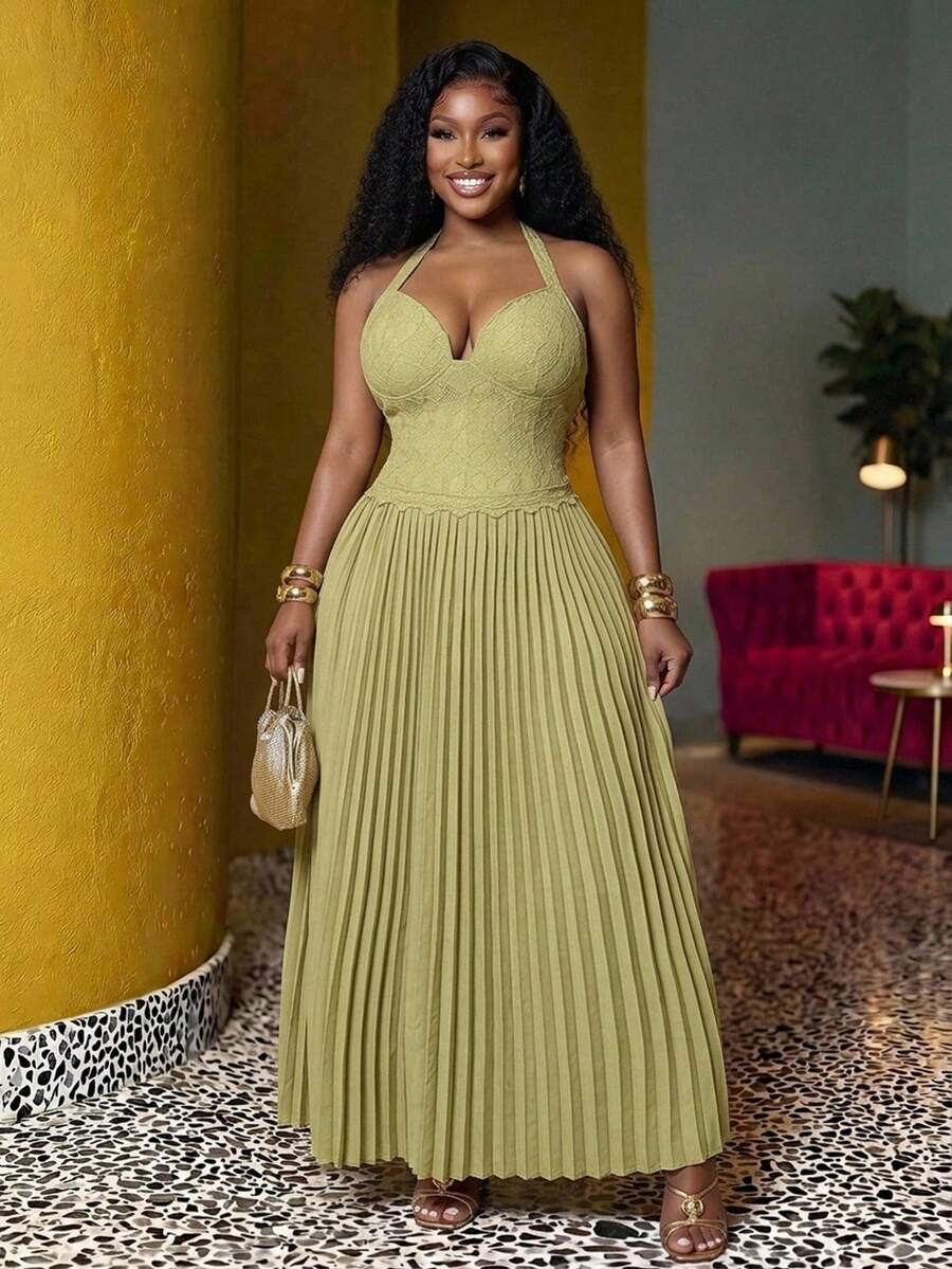 Slaydiva Nuevo estilo de verano, perfecto para fiestas de cumpleaños, vuelta al colegio, estilo preppy, ropa de estudiante, salidas diarias, básicos versátiles, estilo casual, vacaciones, viajes en crucero, playas, , tomar el sol, artículos, estilo callejero, estilo elegante y romántico, citas, compras, vacaciones románticas, sexy. Ajuste ceñido, verde sólido, cuello halter sin mangas con tirantes anudados, estilo de copa de busto, bajo plisado, vestido largo talla grande - B