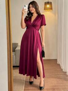 Vionelle Plus Size Women's Summer New Elegant Romantic Short Sleeve Dress, V-Neck, Slit Dress, Ruched Bust, Suitable For Dating, Afternoon Tea Outfit, Exquisite Elegant, Romantic Streetwear - Burgundy - View 2
