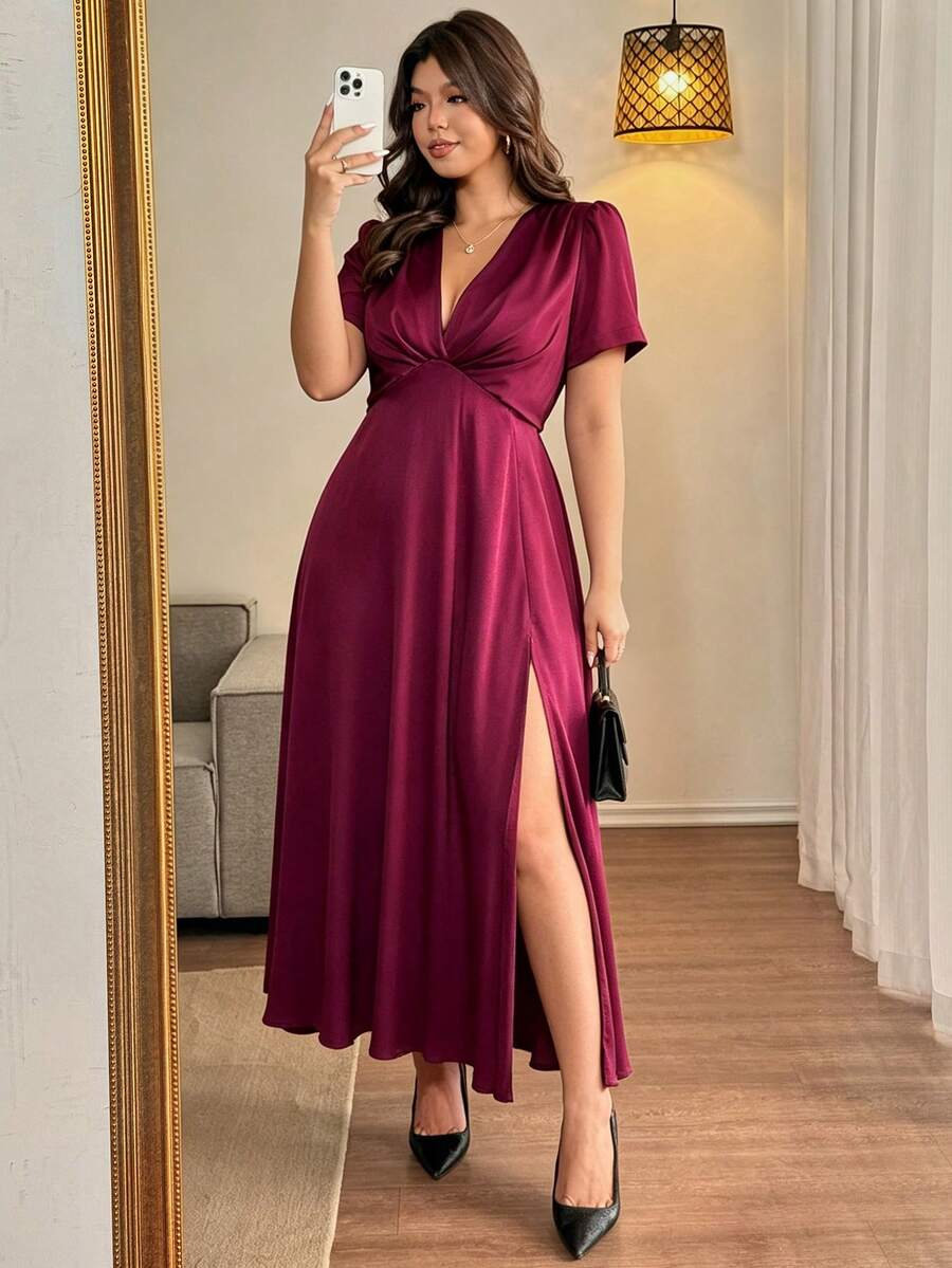 Vionelle Plus Size Women's Summer New Elegant Romantic Short Sleeve Dress, V-Neck, Slit Dress, Ruched Bust, Suitable For Dating, Afternoon Tea Outfit, Exquisite Elegant, Romantic Streetwear