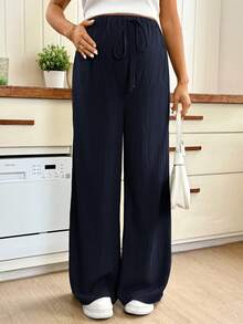 SHEIN Maternity Casual Versatile Solid Color Wide Leg Pants Fall - Navy Blue - View 5