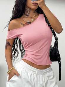 Coolane Summer Outfit For Women Streetwear Casual Basic Solid Color Ruched Asymmetric Neck Versatile Daily Wear Pink T-Shirt - Pink - View 1