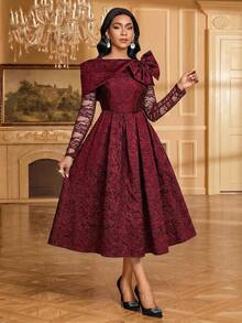 Fleurora Women's Floral Jacquard Bow Decor Contrast Lace Long Sleeve Elegant Mid-Length Dress - Burgundy - View 3
