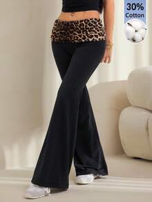 SHEIN PETITE Leopard Print Folded Waist Flare Pants - Black - View 4