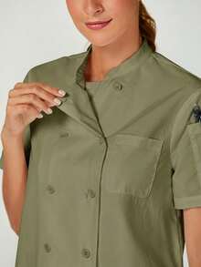 TaskEZ Chaquetas de Chef de Manga Corta Blancas para Mujeres con Botones Delanteros, Manga Corta y Bolsillo, Estilo Minimalista - Verde militar - Ver 3