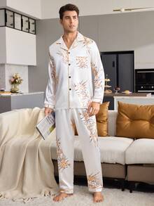 CoupledUp British Style Floral Print Satin Patch Pocket Front Button Long Sleeve Pants Men's Pajama Set Loungewear Set - White - View 5