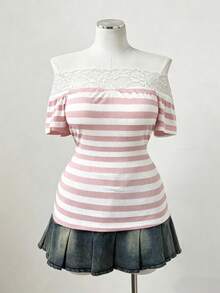 Sunspun Punk Style Off-Shoulder Straight Neck Striped Lace Trim Patchwork Short Sleeve Plus Size T-Shirt Top – Gothic Y2K Ribbed T-Shirt - Pink - View 3