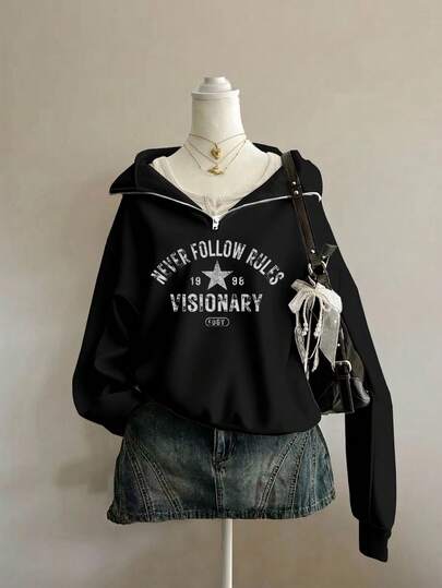 Attitoon Women's Black Star Drop-Shoulder Mock-Neck Sweatshirt-Streetwear; Y2K/Retro/Grunge/Punk; Soft Girl
