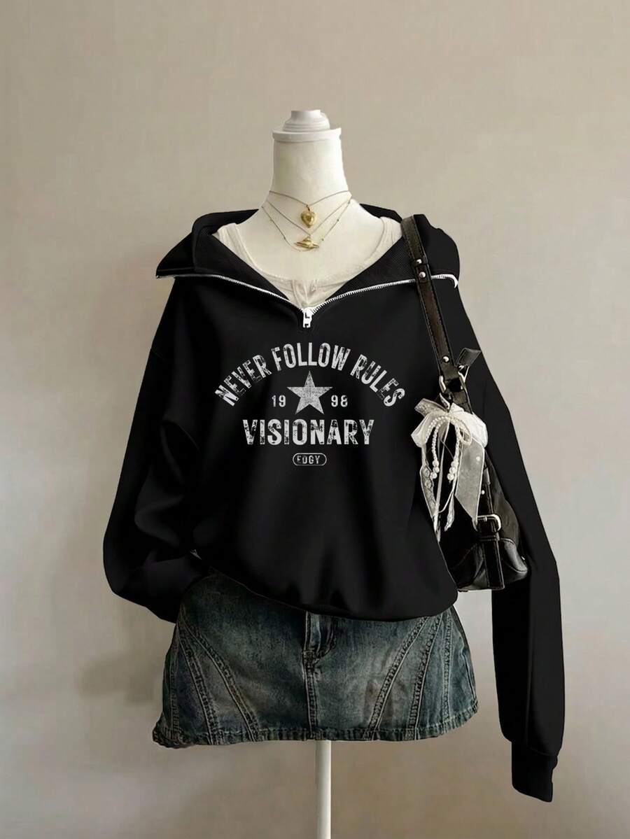Attitoon 女款黑色星星落肩小立領運動衫-街頭風;Y2K/復古/Grunge/龐克;Soft Girl - 黑色 - 查看 1